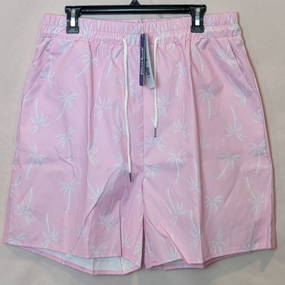 Romwe Pink Palm Tree Print Drawstring Waist Swim Trunks size XL